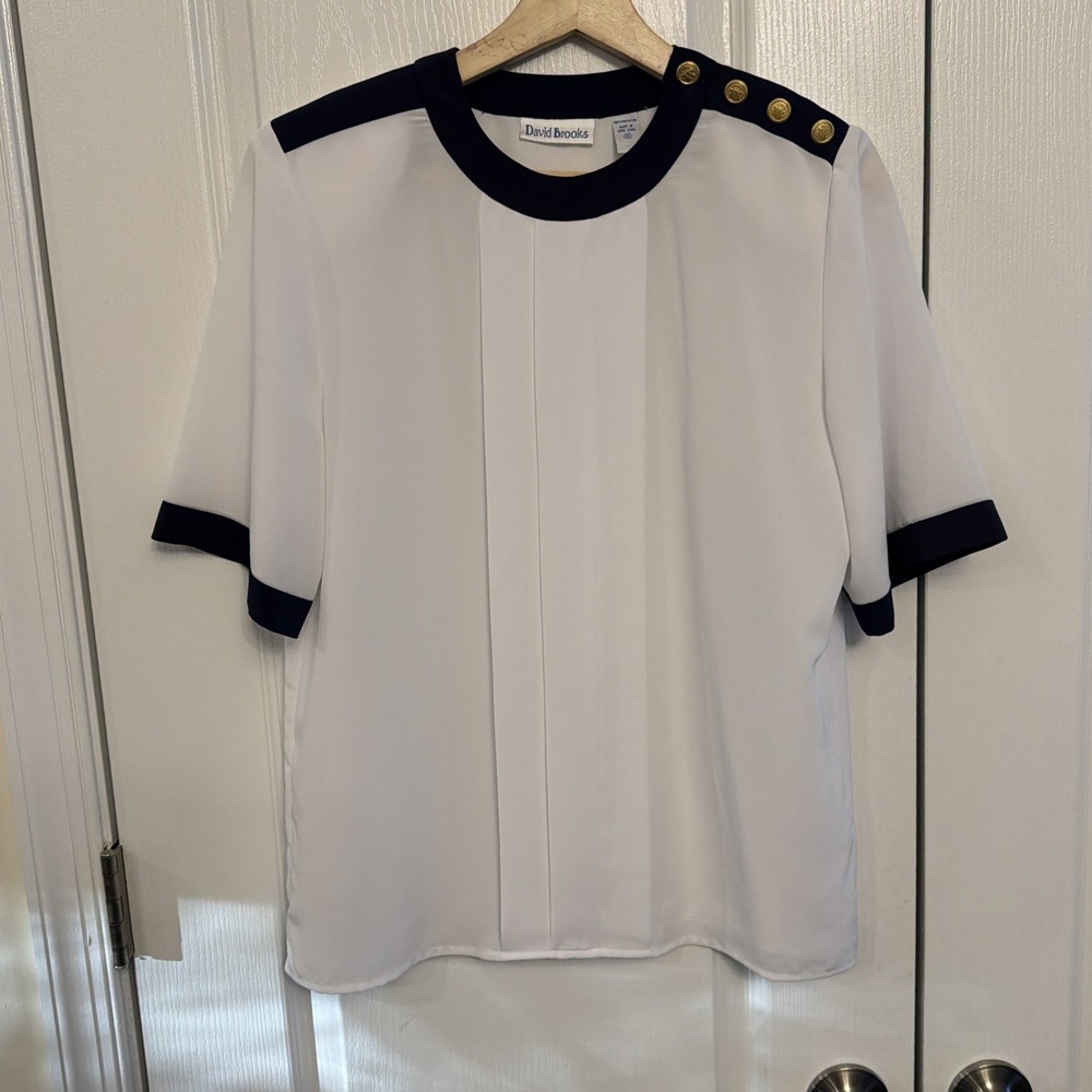 Vintage 1980s David Brooks Short Sleeve Blouse Women's Size 8 White Navy Blue